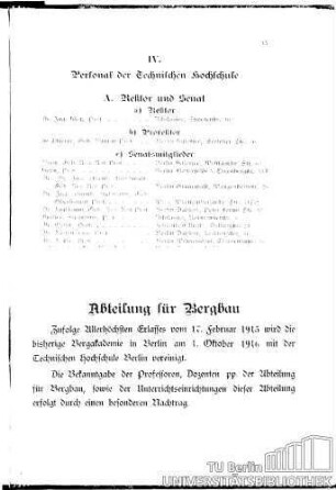 IV. Personal der Technischen Hochschule