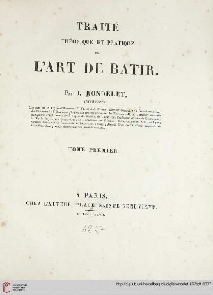 Band 1: Traité théorique et pratique de l'art de bâtir