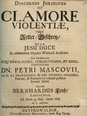 Discursus Iuridicus De Clamore Violentiae, vulgo Zetter-Geschrey