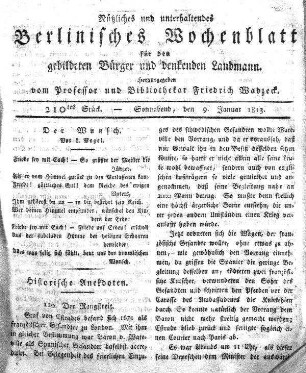 210tes Stueck, Sonnabend, den 9 Januar 1813