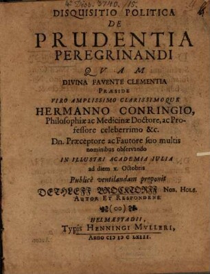 Disquisitio Politica De Prudentia Peregrinandi