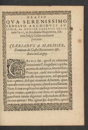 Oratio Qua Serenissimo Ernesto Archiduci Austriae ... in Academia Moguntina, felicem Belgii Gubernationem precatur.