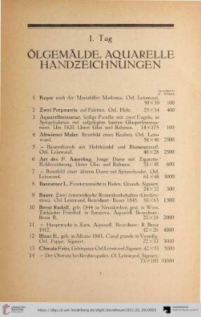 1. Tag: Ölgemälde, Aquarelle, Handzeichnungen (Nr. 1-160)