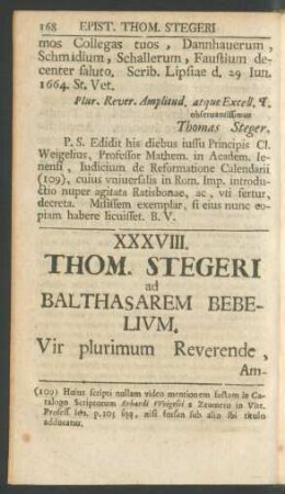 XXXVIII. Thom. Stegeri ad Balthasarem Bebelium