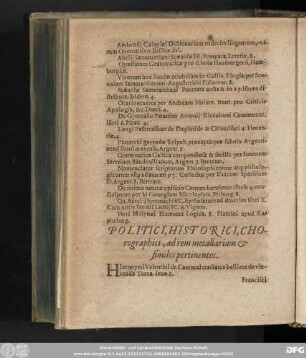 Politici, Historici, Chorographici, ad rem metallariam & similes pertinentes.