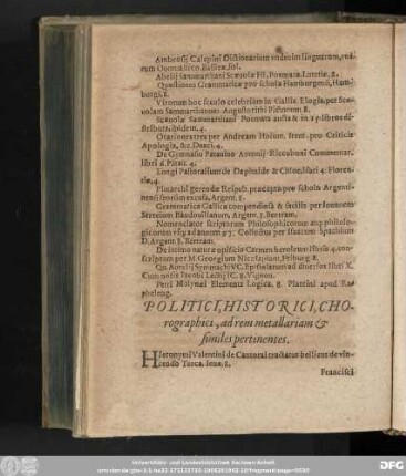 Politici, Historici, Chorographici, ad rem metallariam & similes pertinentes.