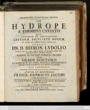 Dissertatio Inavgvralis Medica De Hydrope A Vermibvs Cavsato