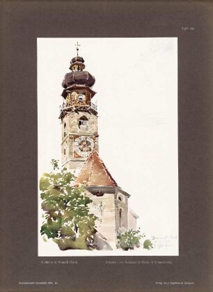 St. Katharina auf dem Rain, Bruneck: Perspektivische Außenansicht (aus: Architekt. Rundschau, hrsg.v. Eisenlohr & Weigle, 1908)