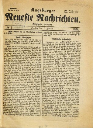 Augsburger neueste Nachrichten : Schwäbischer Kurier. 1878,1/4 = Jg. 17