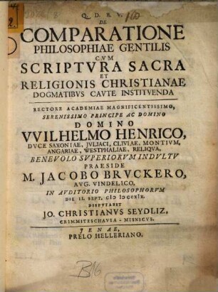 De Comparatione Philosophiae Gentilis Cvm Scriptvra Sacra Et Religionis Christianae Dogmatibvs Cavte Institvenda
