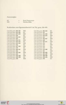 Konkordanz zum Signaturbereich Cod. Pal. germ. 304-495