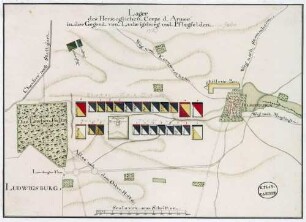 "Lager des Herzoglichen Corps d'Armée in der Gegend von Ludwigsburg und Pflugfelden [im Jahr 1763]" [aus dem Sammelband mit eingeklebten Karten des Herzoglich Württembergischen Corps des Guides über Lager während des Feldzugs gegen Preußen 1760 sowie Feldlager bei Ludwigsburg 1762 - 1763]