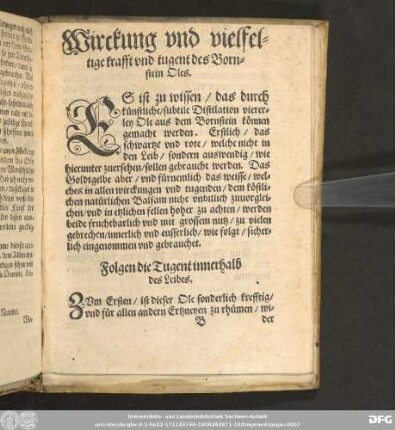 Wirckung vnd vielfeltige krafft vnd tugent des Bornstein Oles.