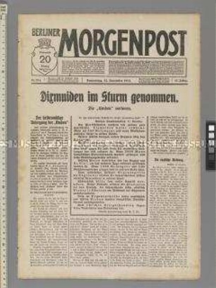 Tageszeitung "Berliner Morgenpost" zur Besetzung der Stadt Dixmuiden und zur Zerstörung des deutschen Kreuzers "Emden"
