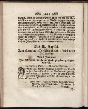Das III. Capitel. Formularen der inländischen Wechsel, nebst deren Erklärungen.