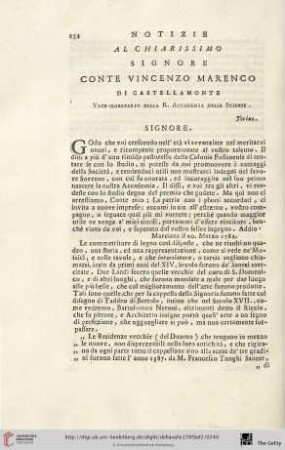 Notizie al chiarissimo Signore Conte Vincenzo Marenco
