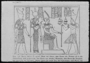 Sethos I. opfert vor Osiris, dahinter Isis und Horus