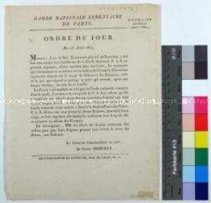 Mitteilung des Général Commandant en Chef Dessoles an den Generalstab über den Antritt des Bruders Napoeleons, Joseph Bonaparte, bei der Nationalgarde und die bevorstehende Heerschau aller Legionen der Nationalgarde durch ihn