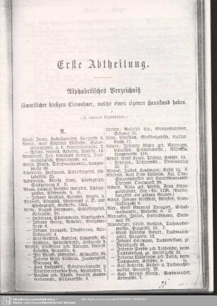 Einwohnerverzeichnis : Alphabetisches Verzeichniß sämmtlicher hiesigen Einwohner, welche einen eigenen Hausstand haben