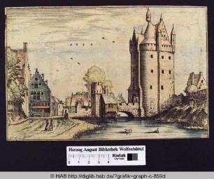 Ansicht einer Burg und eines Gewässers in städtischer Umgebung