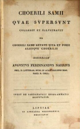 Choerili Samii qvae svpersvnt : Inest de Sardanapali epigrammatis dispvtatio