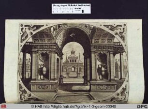 Teil eines Portal mit Wandnischen und Vasen darin, Bick auf zwei Obelisken vor einem Stadttor, in den Ecken Beschlagwerk.