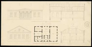 Schützenhaus Monatskonkurrenz Mai 1832: Grundriss Erdgeschoss, Aufriss Vorderansicht, Seitenansicht, Längsschnitt, Querschnitt; 2 Maßstabsleisten
