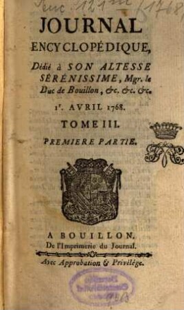 Journal encyclopédique ou universel. 1768, 3