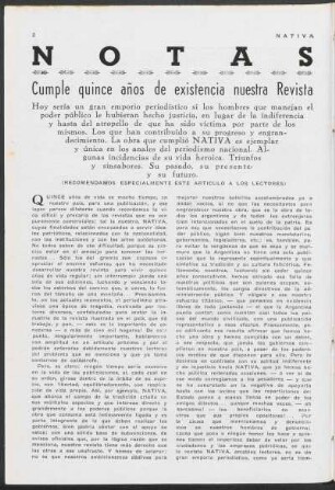 Notas - Cumple quince años de existencia nuestra revista