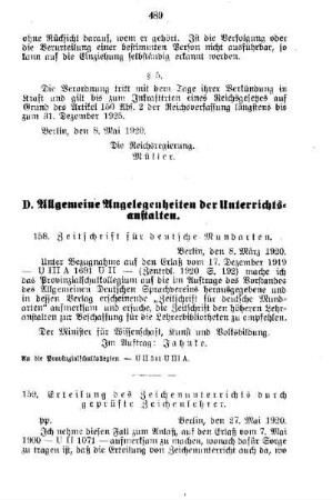 Erteilung des Zeichenunterrichts durch geprüfte Zeichenlehrer : [D. Allgemeine Angelegenheiten der Unterrichtsanstalten]