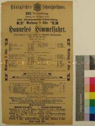 Theaterzettel des Königlichen Schauspielhauses Dresden für eine Aufführung des Stücks "Hanneles Himmelsfahrt" von Gerhart Hauptmann am 29. April 1910