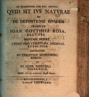 De quaestione iuris nat. secunda: quid sit ius naturae, seu de definitione eiusdem