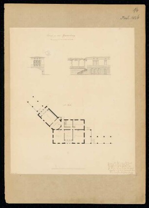 Pfarrhaus Monatskonkurrenz November 1836: Grundriss Obergeschoss, Aufriss Vorderansicht und Seitenansicht des Seitenflügels; Maßstabsleiste