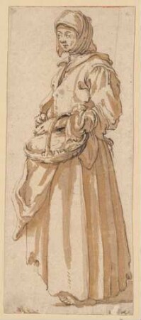 Stehende Frau mit Handkorb