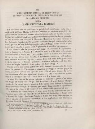 Sulla memoria inedita di Pietro Maggi intorno ai principii di meccanica molecolare di Ambrogio Fusinieri.