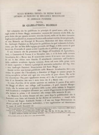 Sulla memoria inedita di Pietro Maggi intorno ai principii di meccanica molecolare di Ambrogio Fusinieri.