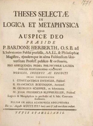 Theses selectae ex logica et metaphysica