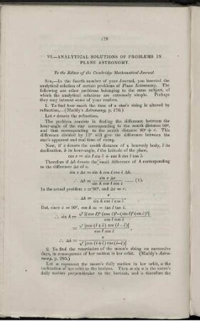 VI. - Analytical solutions of problems in plane astronomy.