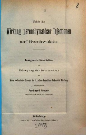 Ueber die Wirkung parenchymatöser Injectionen auf Geschwülste