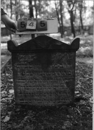Grabstein 545 (Index: 99791033) Maße HxBxT: 66x59x13 cm Besonderheit: kulturhistorisch wertvoll / hist.-wiss. Gründe (Gemeindestellung): Grabstein 545