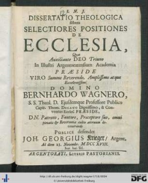 Dissertatio Theologica sistens Selectiores Positiones De Ecclesia