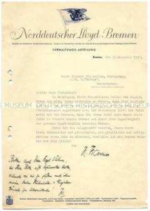Schreiben zur Verleihung der Jubiläumsnadel des Norddeutschen Lloyd - Nachlass