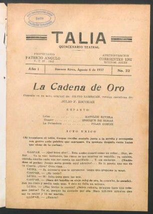 La cadena de oro : comedia en un acto, original