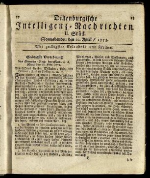 II. Stück. Sonnabends: den 10. April / 1773.