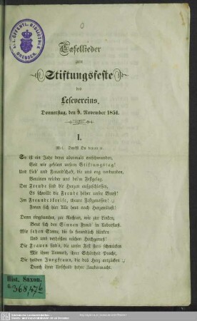 Tafellieder zum Stiftungsfeste des Lesevereins : Donnerstag, den 9. November 1854