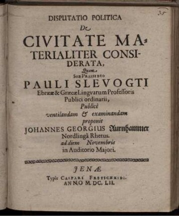 Disputatio Politica De Civitate Materialiter Considerata