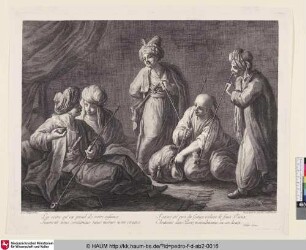 [Szene aus Voltaire's Zaire: Zaire sitzt beim Sultan umringt von Höflingen]