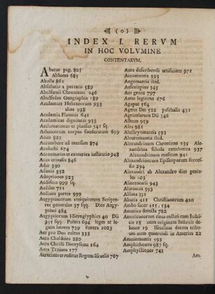 Index I. Rerum In Hoc Volumine Contentarum