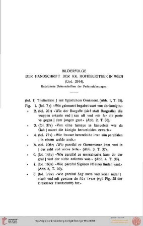Bilderfolge der Handschrift der KK. Hofbibliothek in Wien, (Cod. 2914), Liste der Bildtitel
