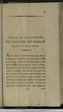 Précis De La Conduite De Madame De Genlis depuis la Révolution